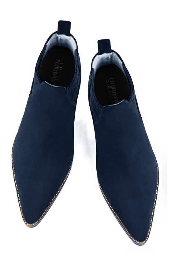 Navy blue women's ankle boots, with elastics. Tapered toe. Medium cone heels. Top view - Florence KOOIJMAN